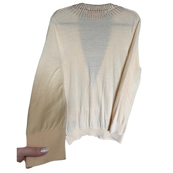 Tory Burch Gaugino Sweater Cardigan Wool Studded Open Front Beige Gold Size XL - Picture 5 of 13